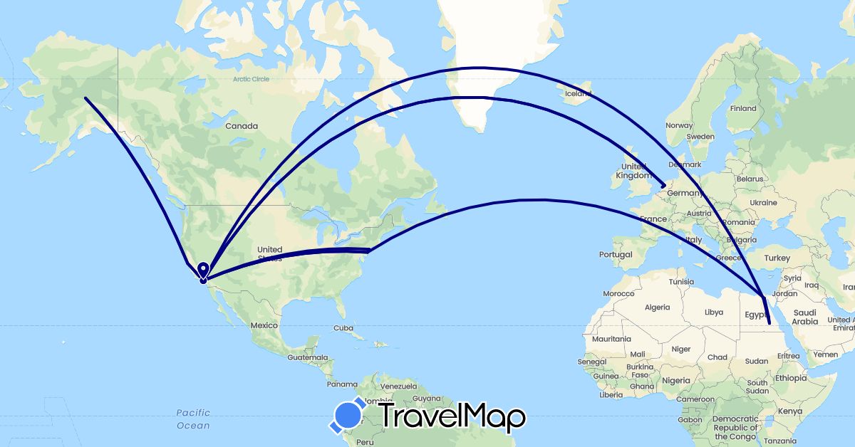 TravelMap itinerary: driving in Germany, Egypt, Netherlands, United States (Africa, Europe, North America)